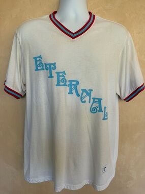 Supreme White Short-Sleeve Tee with Blue 'Eternal' Script and Red-Trim - M